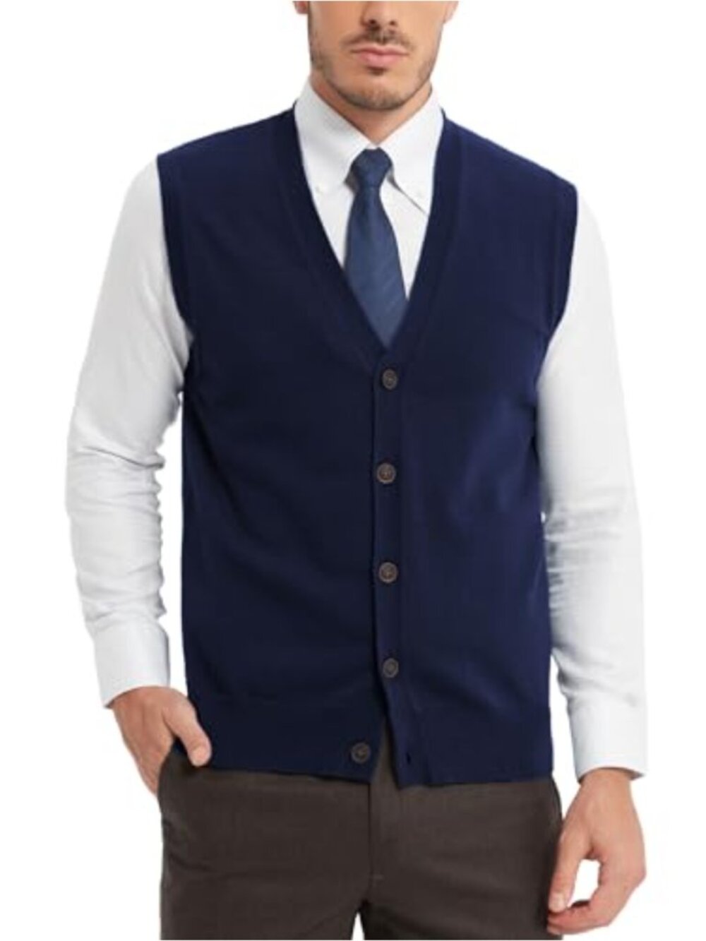 Men's Cotton V-Neck Sleeveless Cardigan Sweater Vest with Buttons